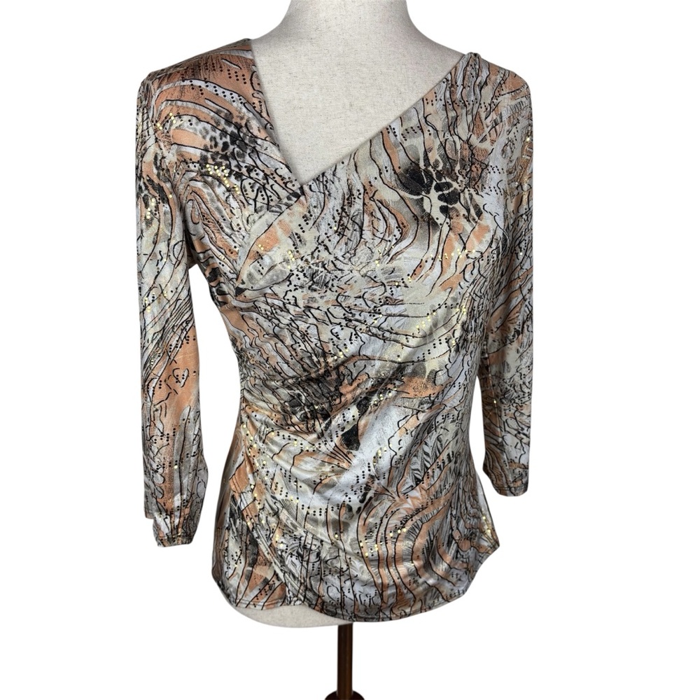 MSK Y2K Abstract Print Stretch Top Ruched 3/4 Sleeve Neutral Grunge Festival